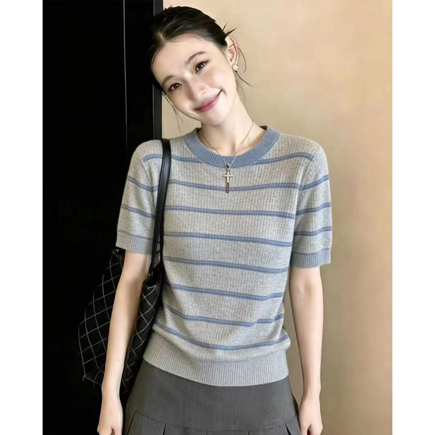 韓系溫柔風紋針織衫女透氣顯瘦霧霾藍撞色短袖T恤上衣