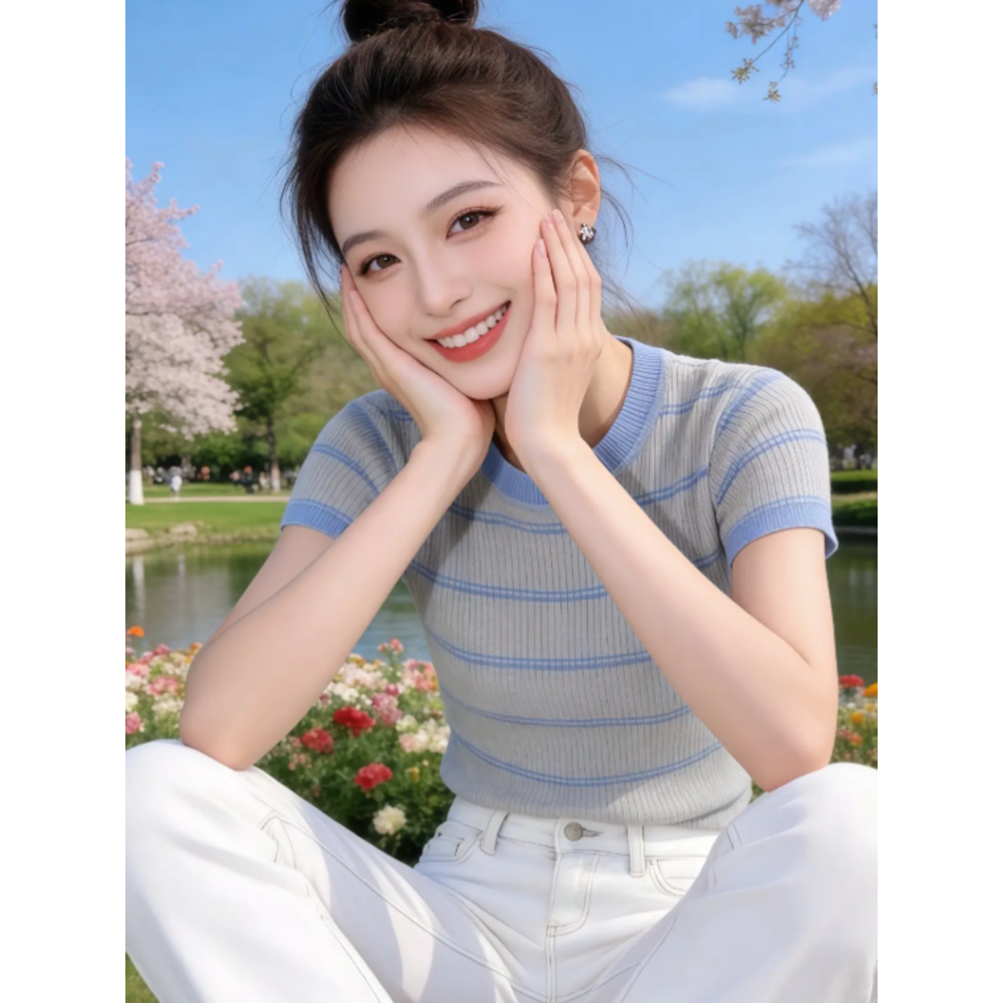 夏季新款休閑時尚氣質韓版女超好看條紋短袖針織T恤洋氣上衣爆款