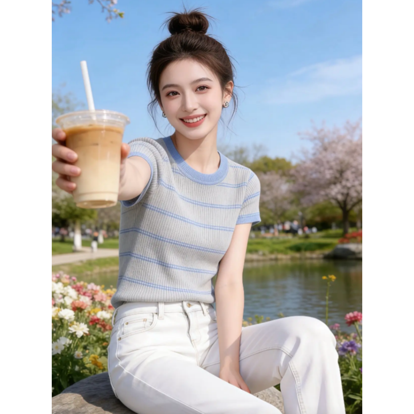 夏季新款休閑時尚氣質韓版女超好看條紋短袖針織T恤洋氣上衣爆款