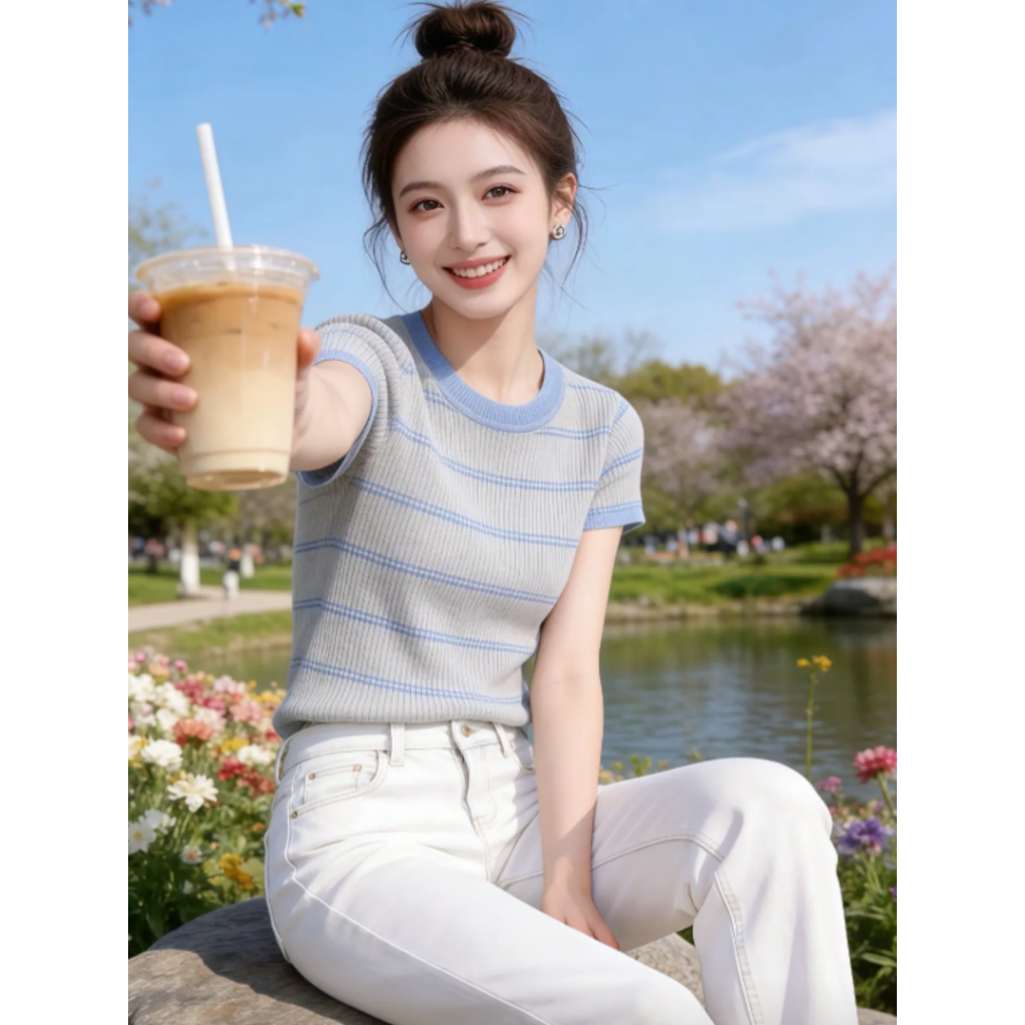 夏季新款休閑時尚氣質韓版女超好看條紋短袖針織T恤洋氣上衣爆款