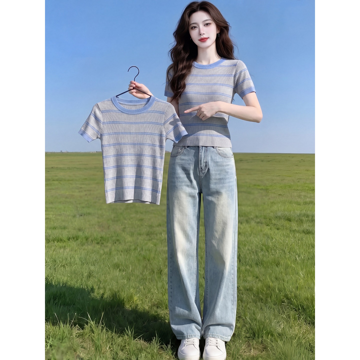 今年流行的爆款女裝時尚休閑夏季新款高級感設計圓領撞色短袖T恤