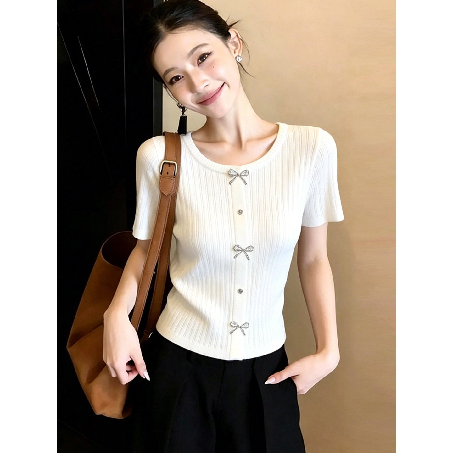 法式小香風蝴蝶結冰絲短袖T恤女新款圓領氣質減齡獨特絕美針織衫