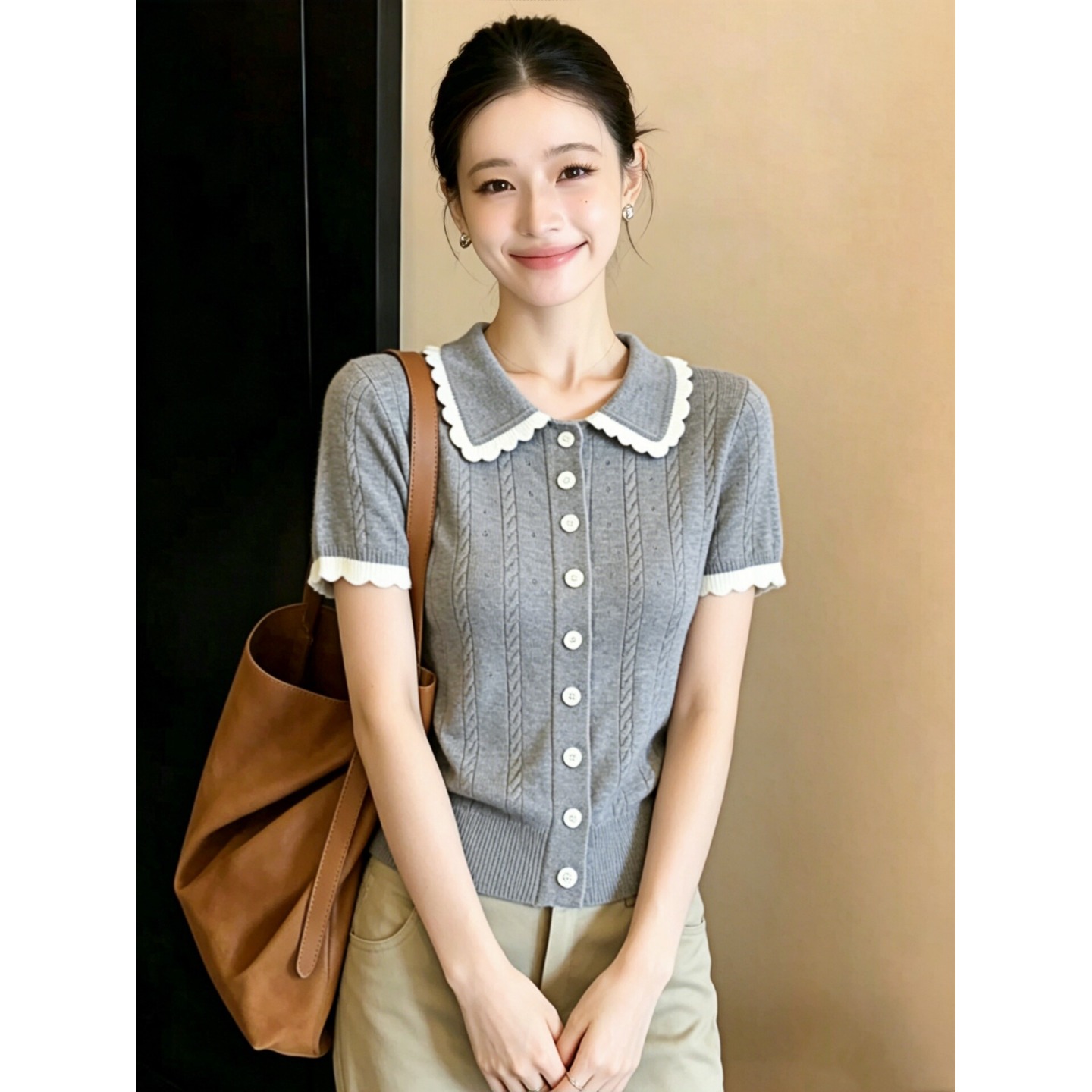 灰色polo領短袖針織開衫女款2026新款夏季高級感氣質女士薄款上衣