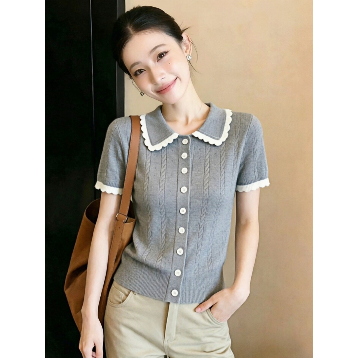 灰色polo領短袖針織開衫女款2026新款夏季高級感氣質女士薄款上衣