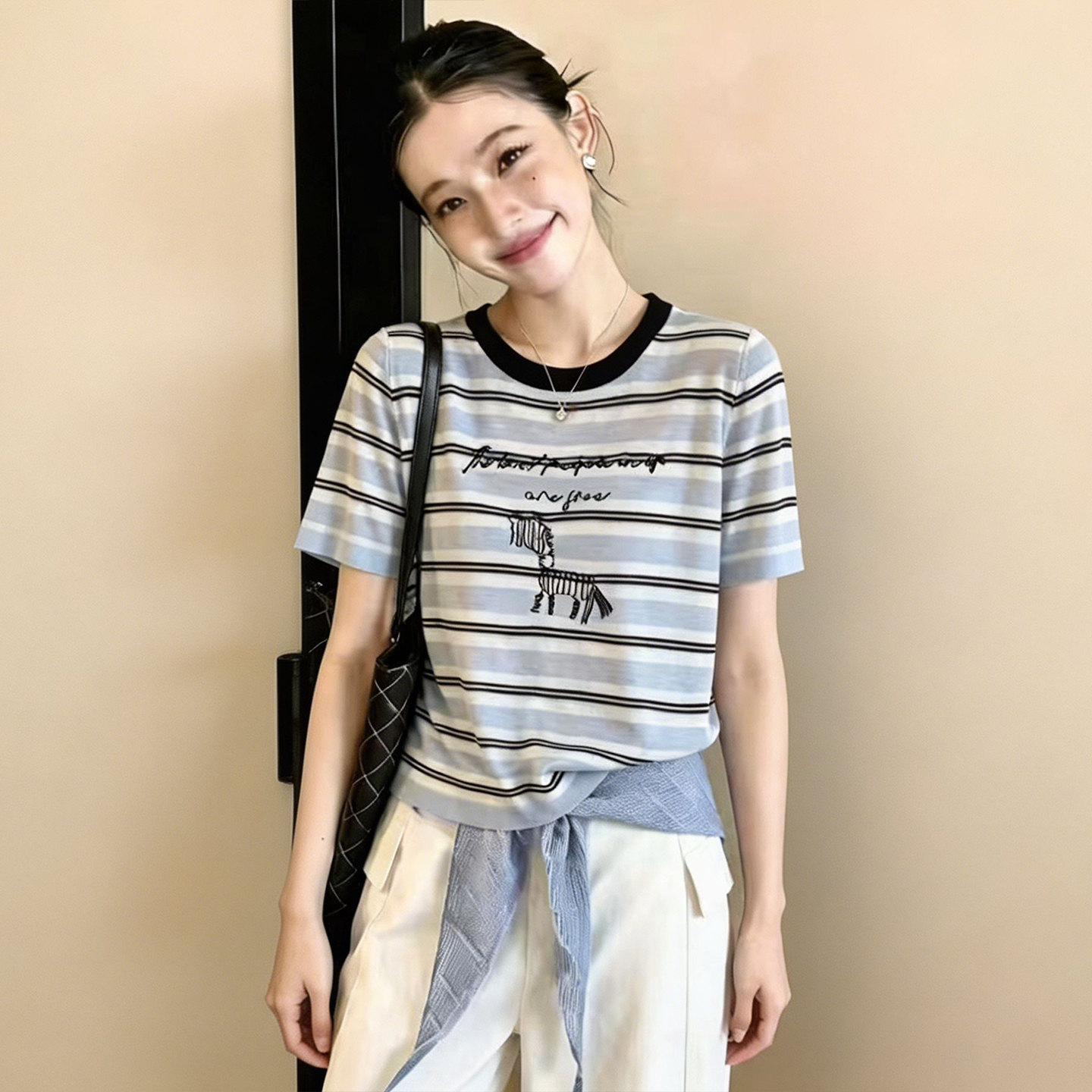 2026春夏季新款撞色領條紋短袖T恤女卡通刺繡百搭顯瘦休閑上衣潮