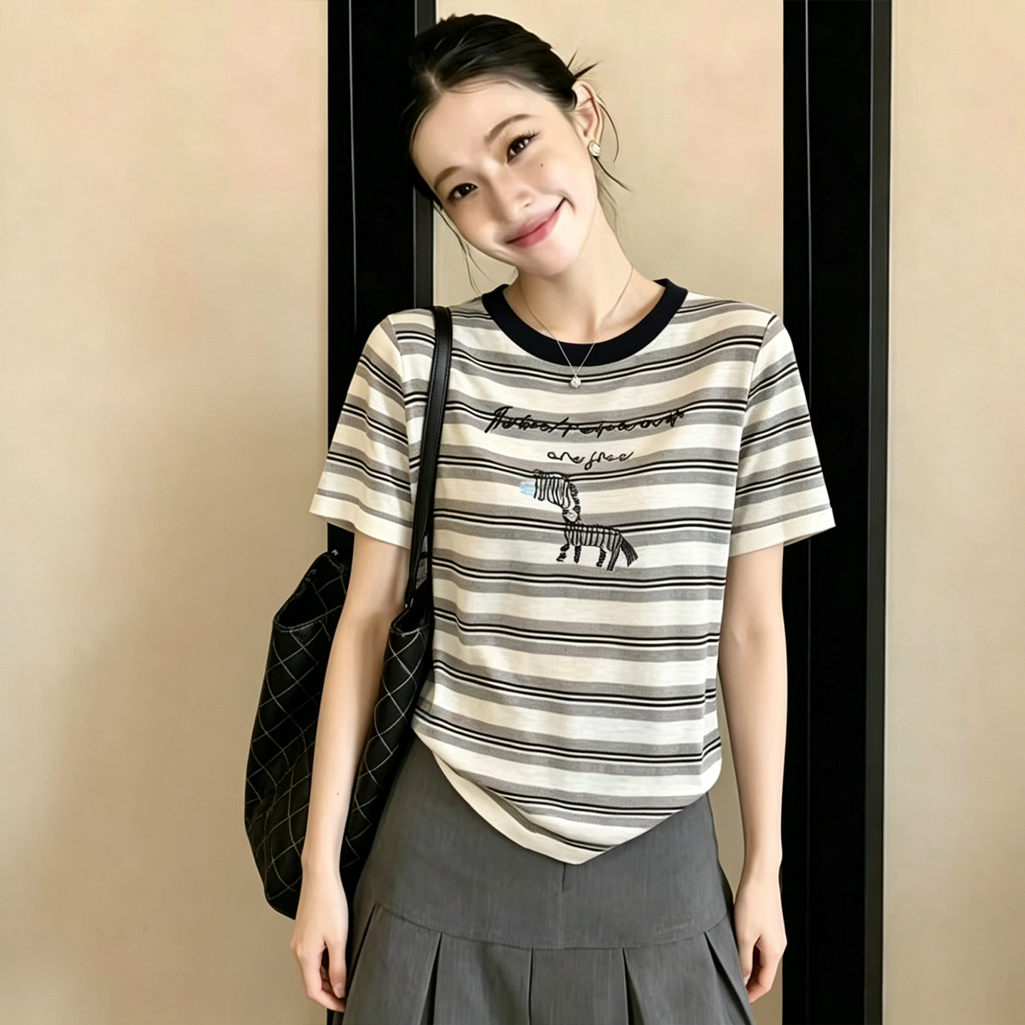 2026春夏季新款撞色領條紋短袖T恤女卡通刺繡百搭顯瘦休閑上衣潮