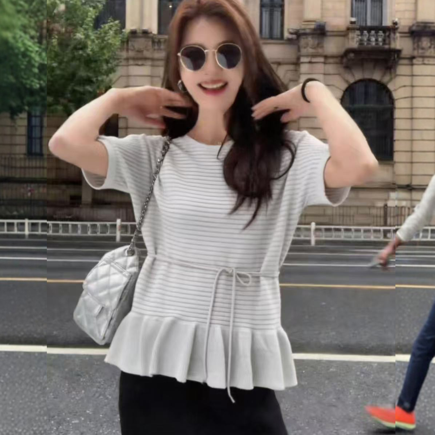 法式白色荷葉邊短袖針織衫女夏季高級感系帶收腰顯瘦上衣薄款