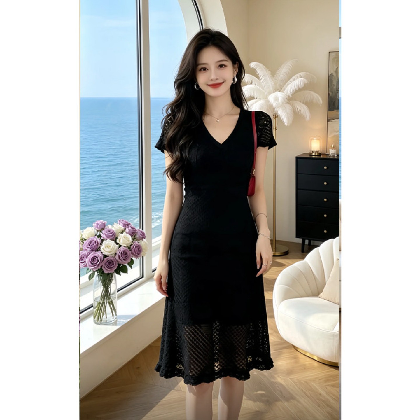 純欲風潮流套頭純色裙子女2026鏤空針織V領修身顯瘦氣質連衣裙