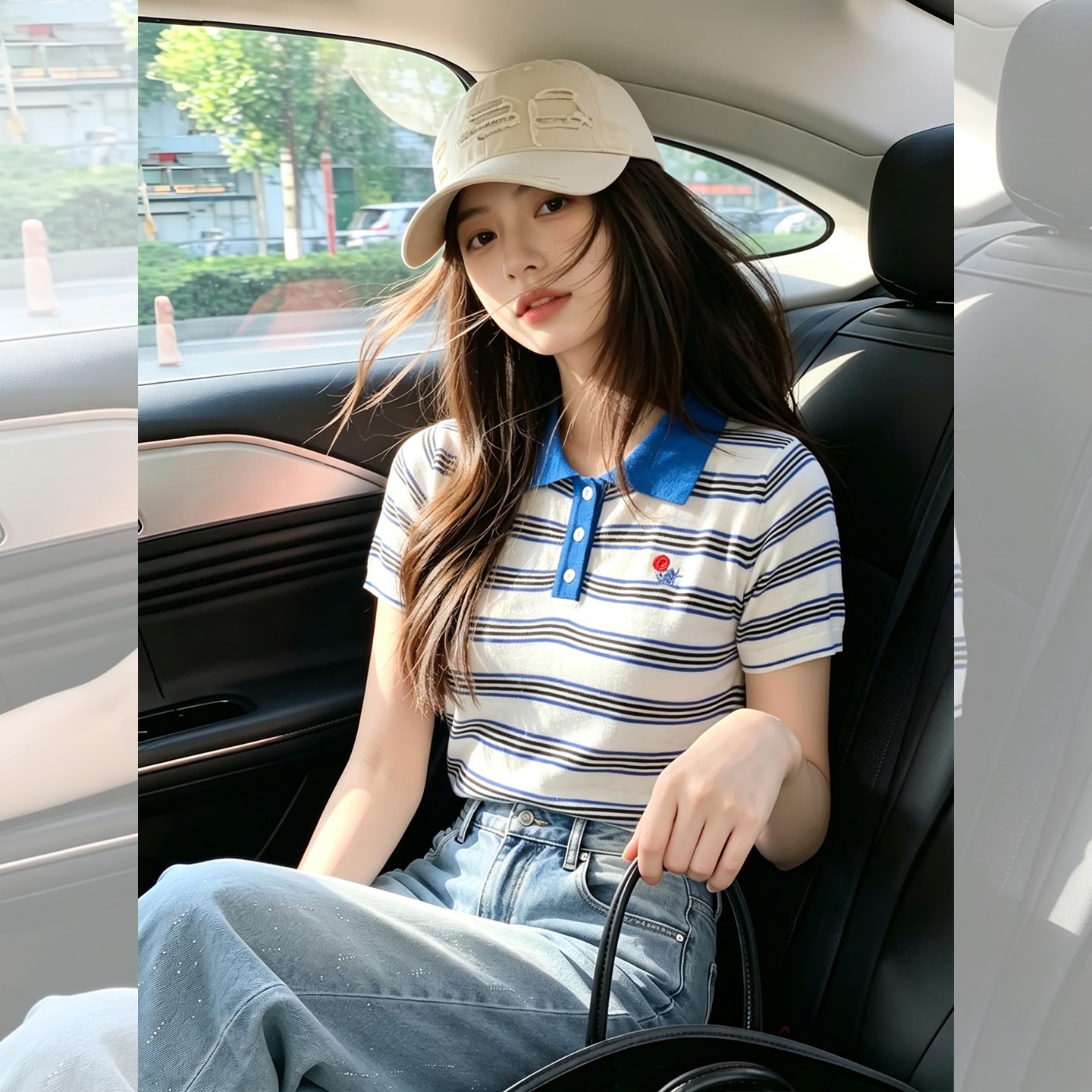 藍色條紋Polo領短袖t恤女2026新款夏日精致設計感上衣好看穿搭