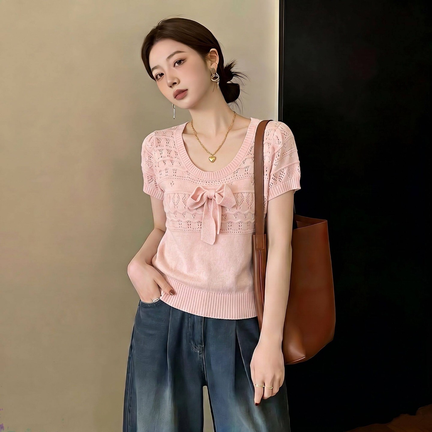 溫柔純欲圓領提花針織上衣女夏季大碼胖MM藏肉修身小個子減齡小衫