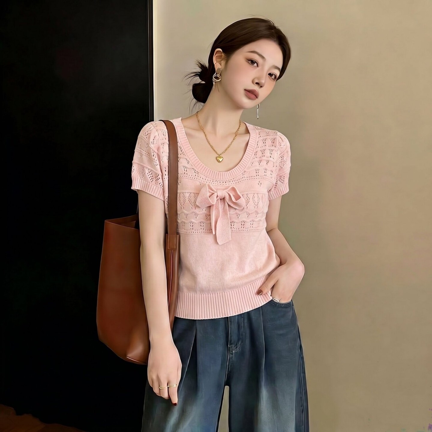 溫柔純欲圓領提花針織上衣女夏季大碼胖MM藏肉修身小個子減齡小衫