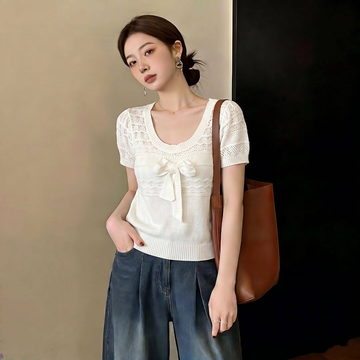溫柔純欲圓領提花針織上衣女夏季大碼胖MM藏肉修身小個子減齡小衫