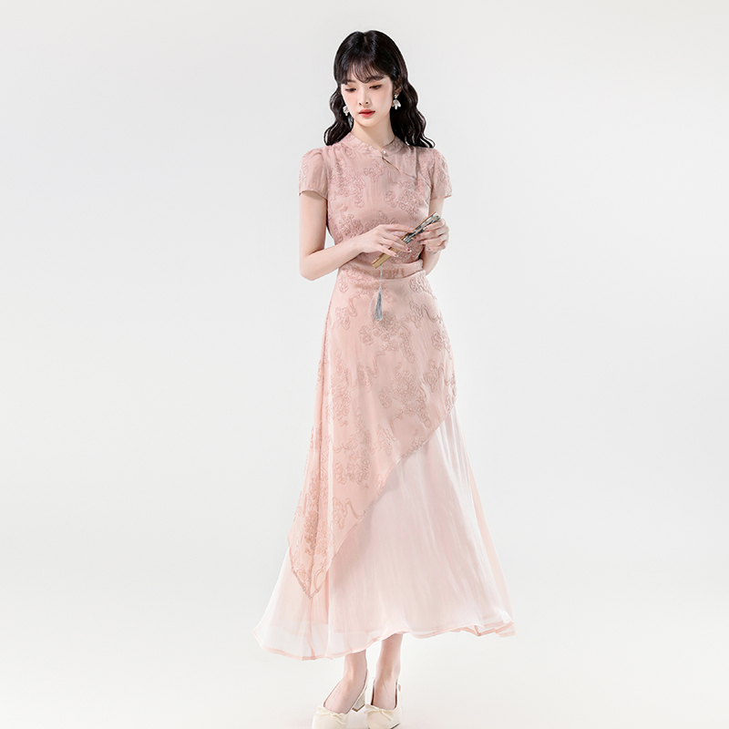 MY8820# 夏新中式温婉气质粉色刺绣不规则设计感假两件长款连衣裙女裝貨源服裝批發
