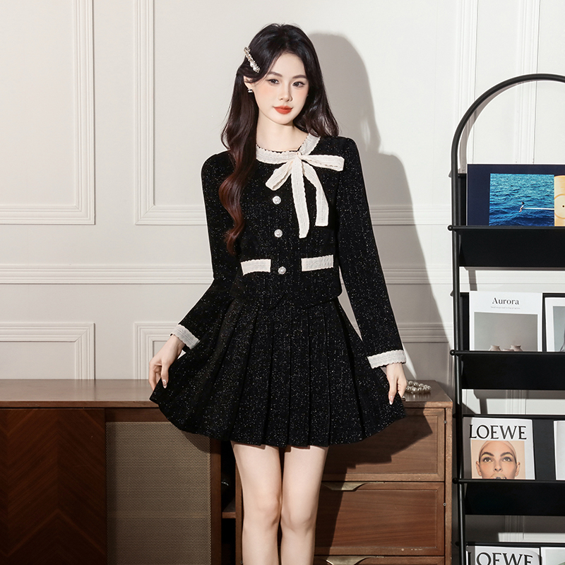 MY14671# 新款甜美减蝴蝶结亮闪雪尼尔小香风显瘦两件套装裙女裝貨源服...