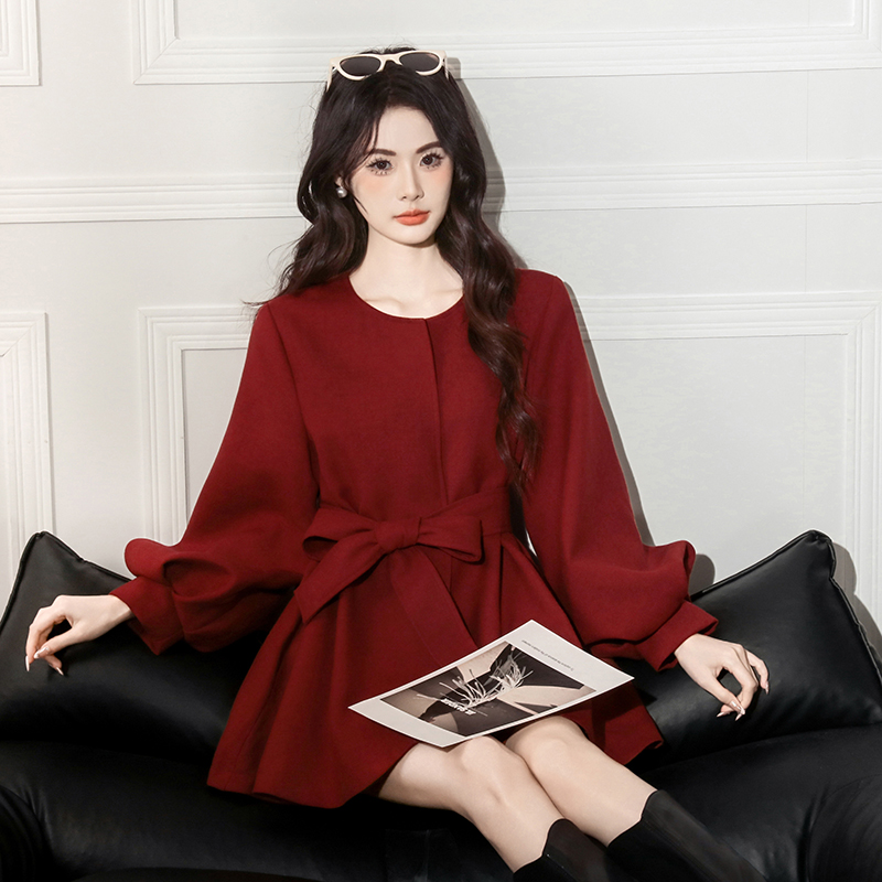 MY14669# 新款韩系甜美减龄系带蝴蝶结遮肉显瘦小个子毛呢外套女裝貨源服裝批發