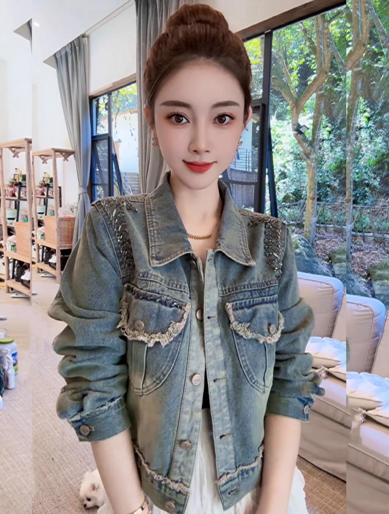 MY16577# 欧货设计感破边流苏工艺钻扣牛仔外套新款复古夹克上衣女裝貨...