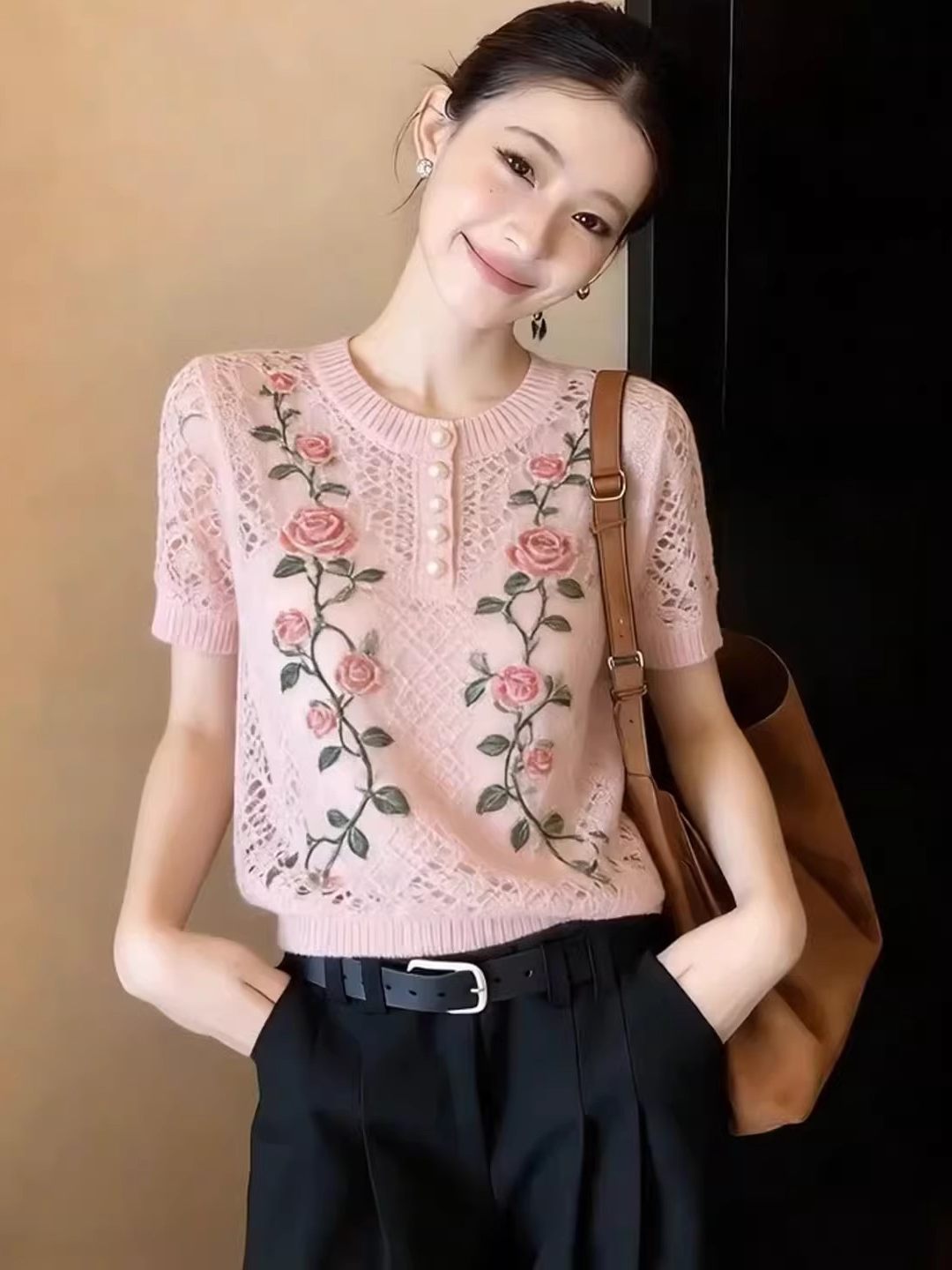 RY1678#粉红色韩系圆领玫瑰印花针织T恤女2026夏季新款轻薄透气大码...