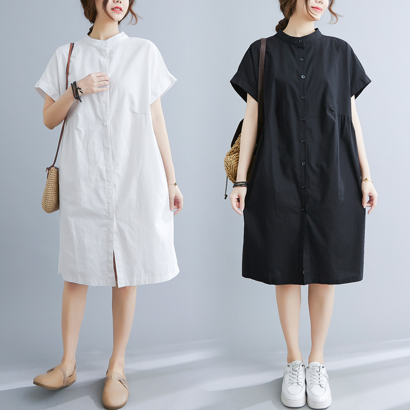 MY17601# 纯色百搭大码短袖连衣裙女宽松休闲文艺中长裙女裝貨源服裝批...