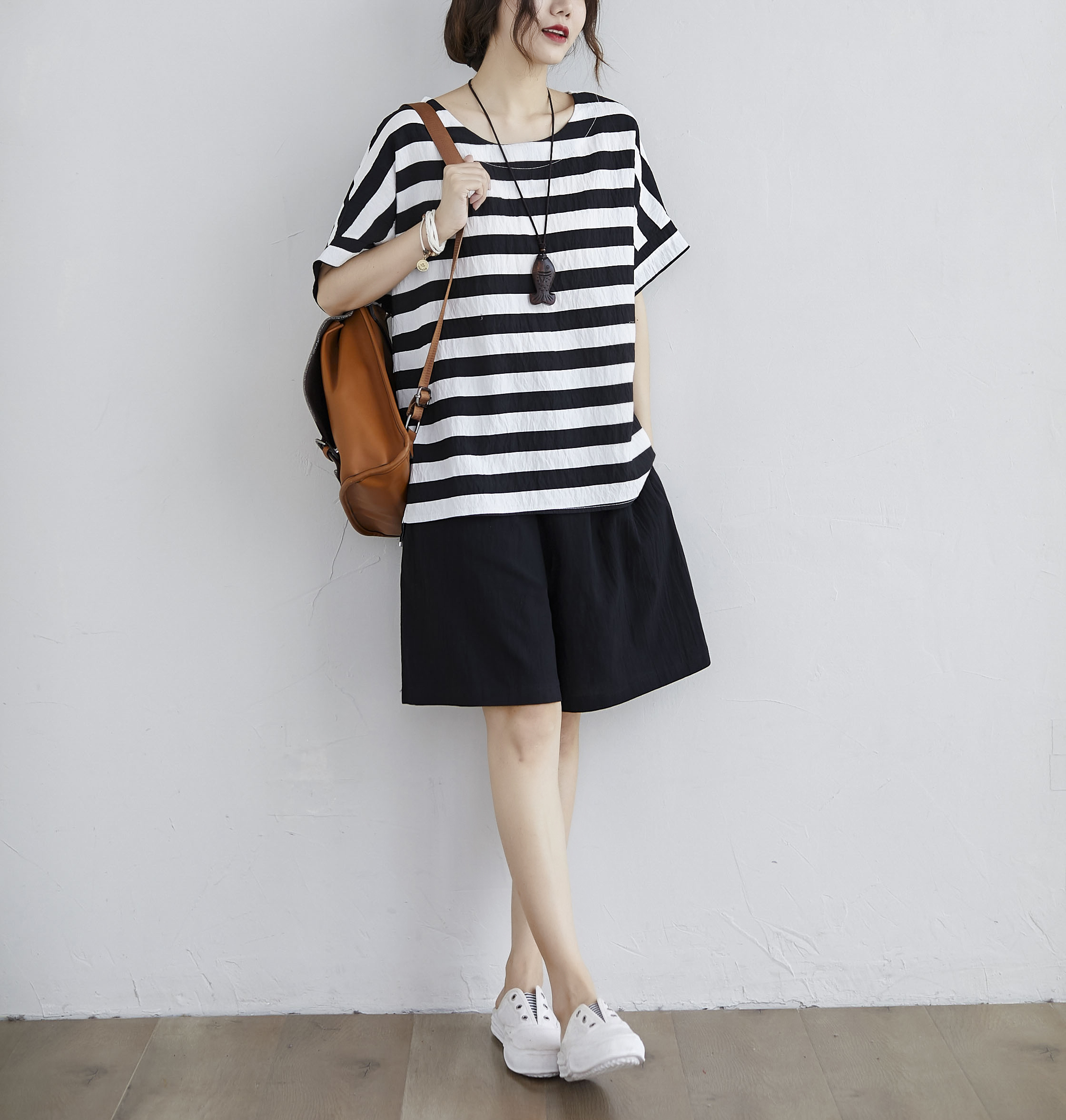 MY17600# 新款条纹套装大码宽松胖MM短袖短裤套装女两件套女裝貨源服...