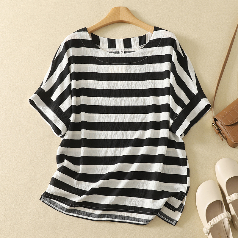 MY17596# 新款丝麻数码印花短袖小衫百搭T恤上衣女女裝貨源服裝批發