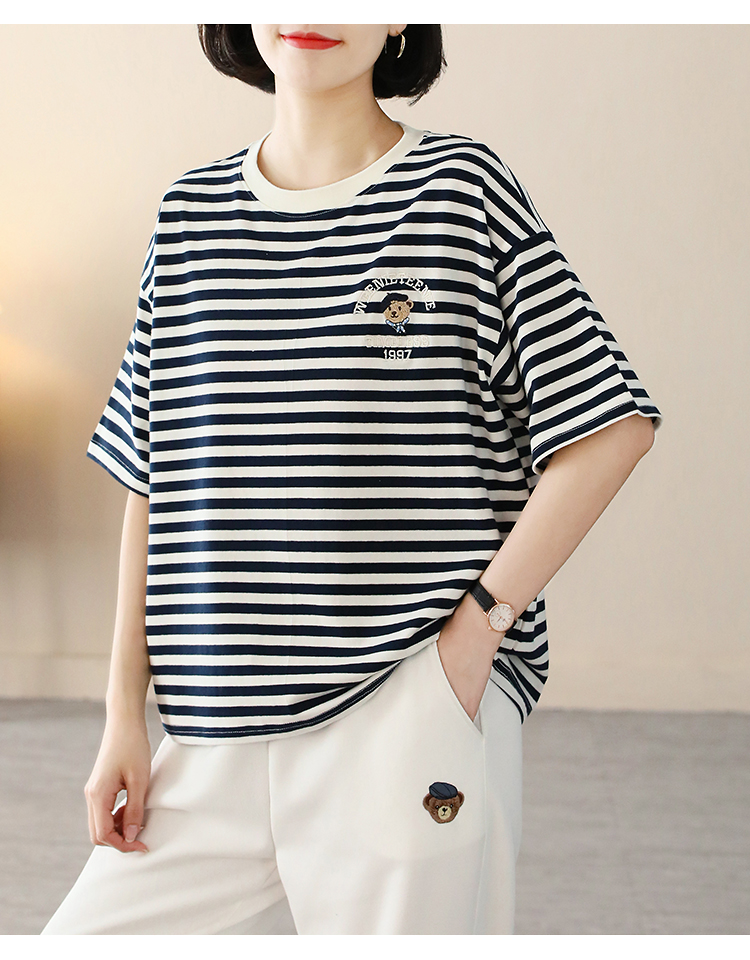 MY17598# 条纹T恤女小熊刺绣韩版宽松显瘦圆领大码纯棉夏季短袖女裝貨...