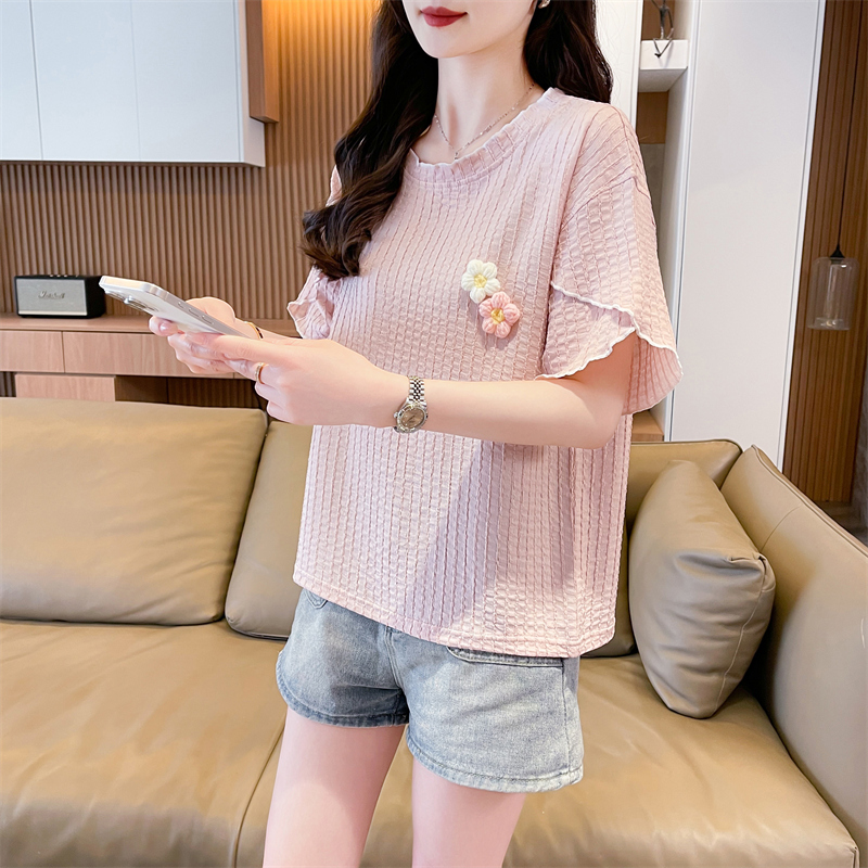 MY9199# 短袖t恤女夏季新款韩版圆领时尚百搭气质花朵上衣服女裝貨源服裝批發