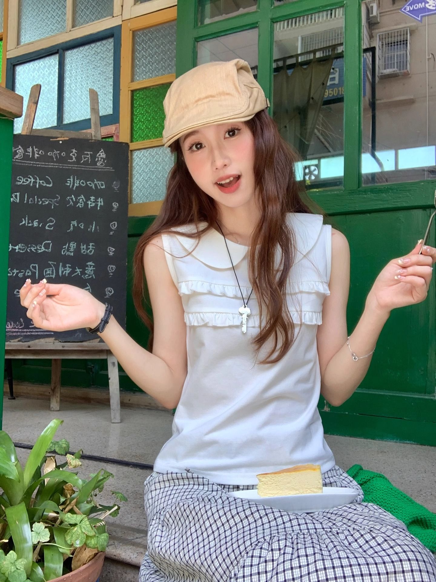 纯棉夏季新款圆领花边背心无袖外穿修身上衣女 服裝批發女裝批發服飾貨源