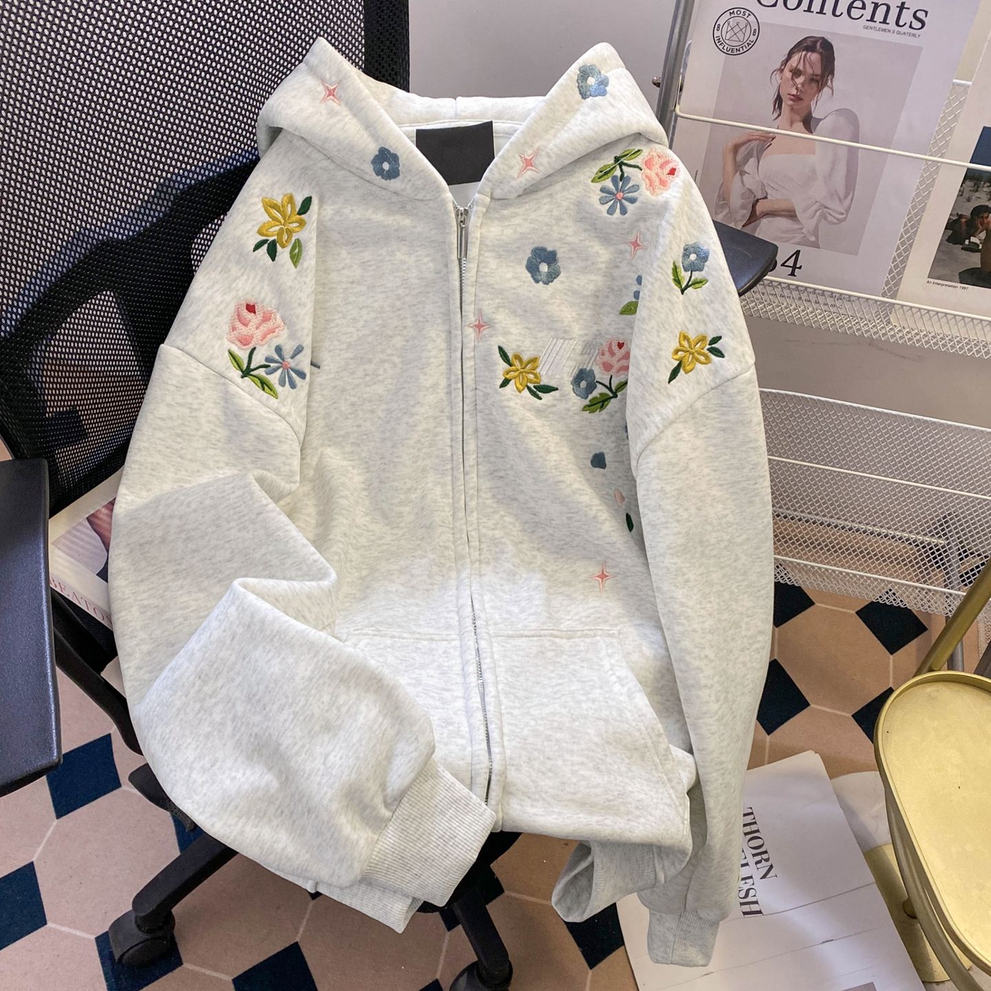 MY14495# 刺绣华棉纯棉复合银狐绒花卉开衫卫衣女裝貨源服裝批發