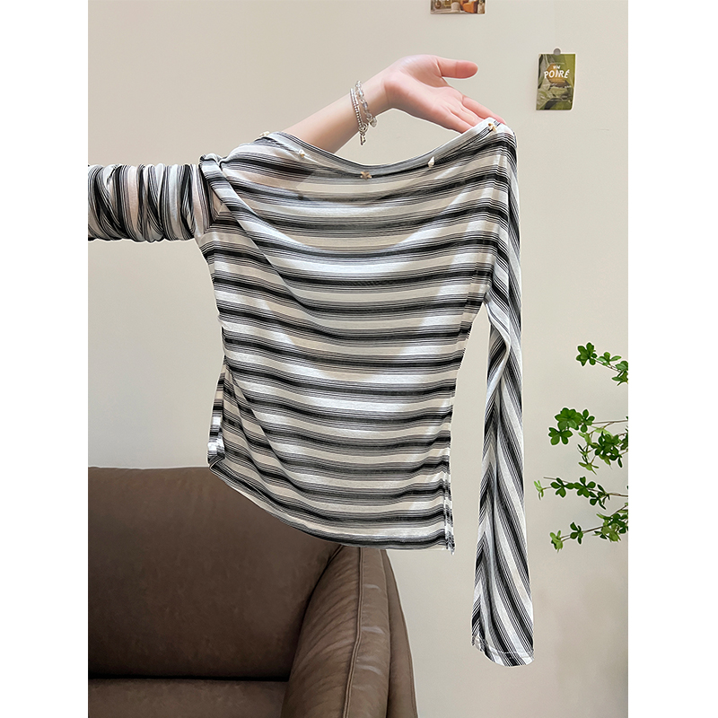 MY14493# 小个子短款斜肩露肩长袖t恤女秋季条纹上衣女裝貨源服裝批發