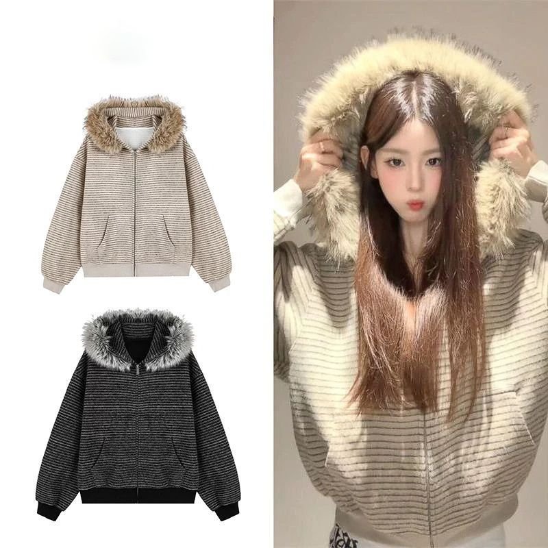 MY14489# 薄原版毛领可拆卸连帽卫衣女开衫条纹外套女裝貨源服裝批發