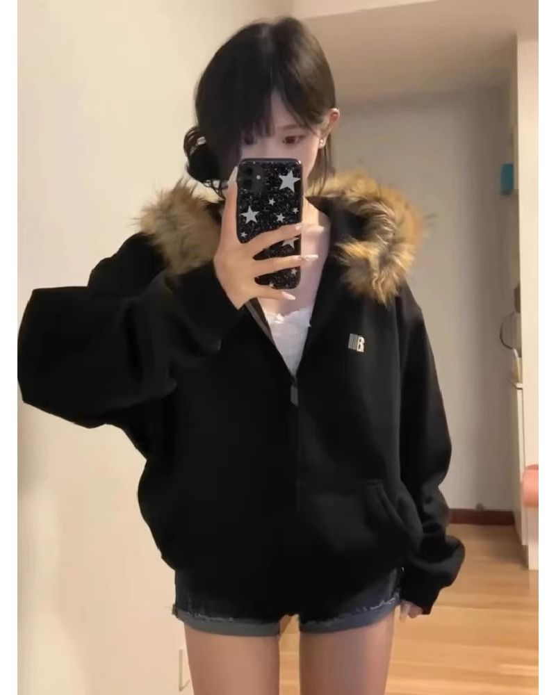 MY14488# 加绒加厚大毛领可拆卸纯棉华棉 毛领卫衣外套男女女裝貨源服...