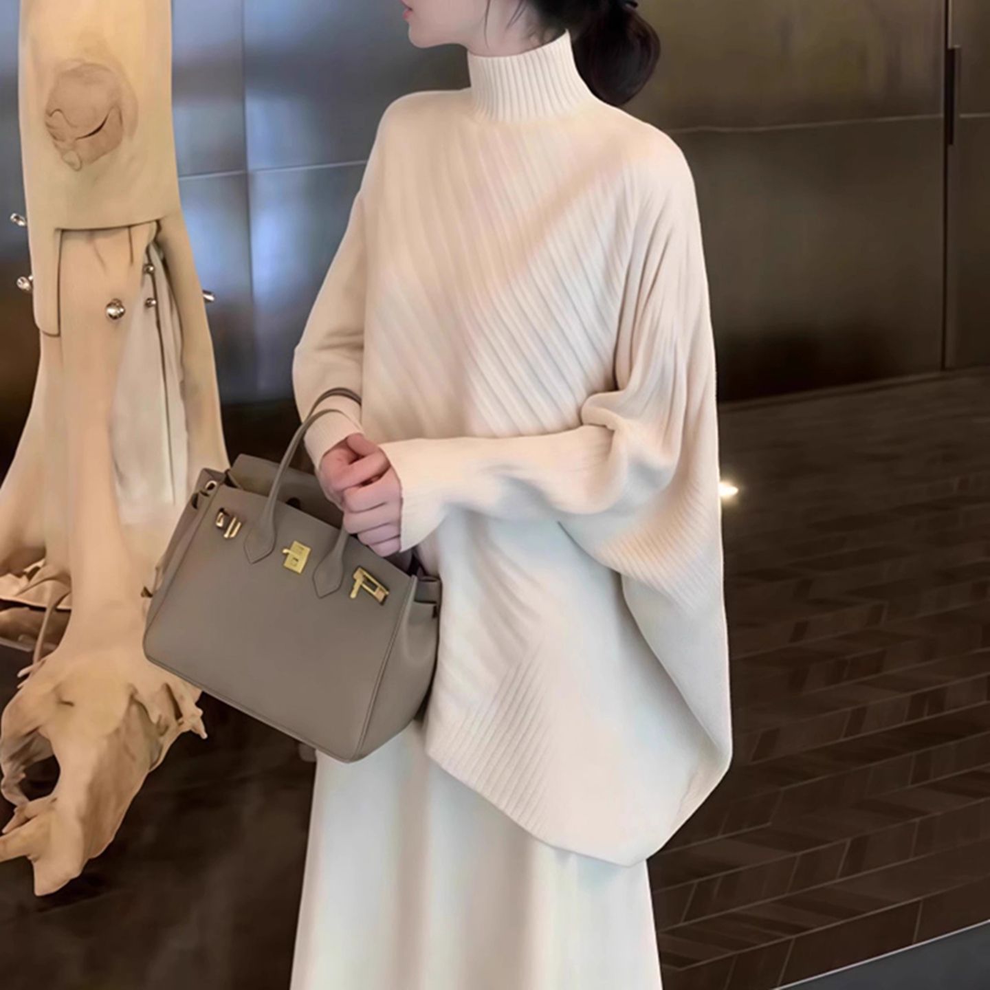 MY15671# 安迪绒 半高领慵懒不规则针织衫毛衣女女裝貨源服裝批發