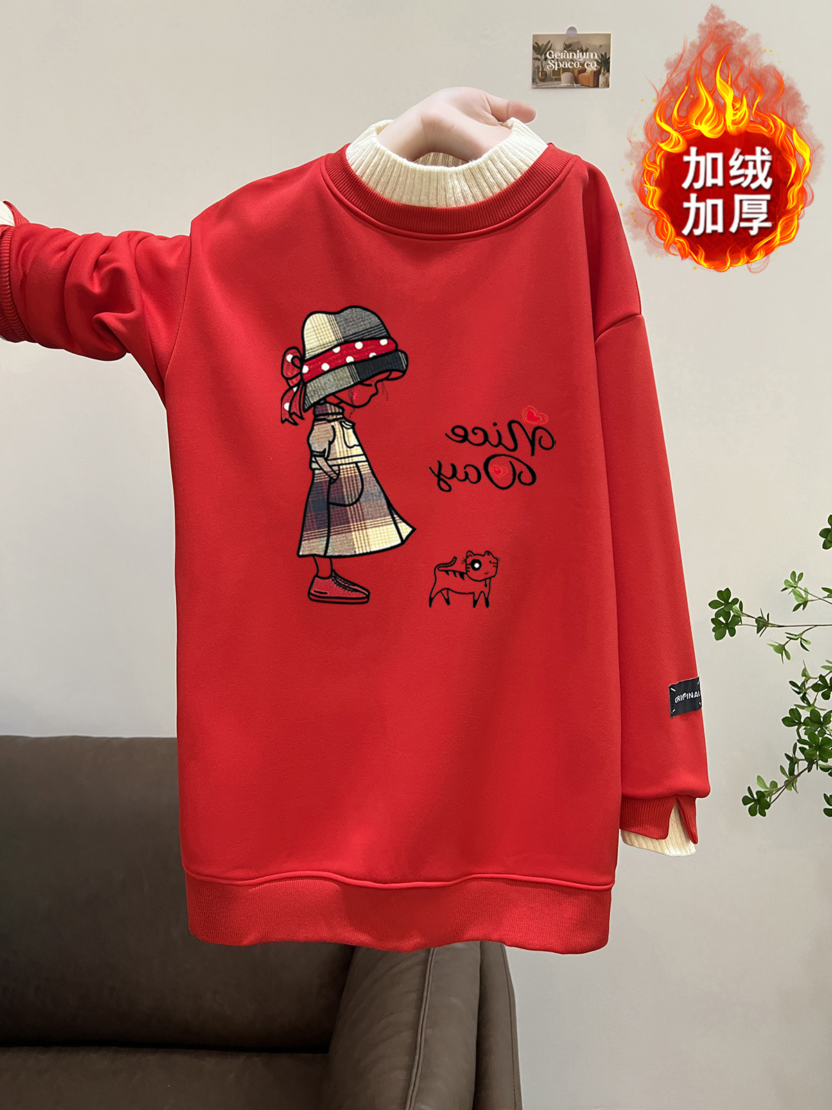 MY15669# 华棉复银狐绒300斤假两件卫衣女冬季加绒宽松中长外套女裝...