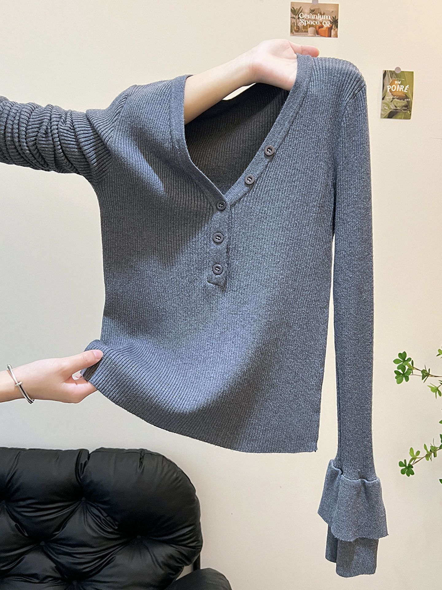 MY16667# 包芯纱 辣妹v领针织打底衫毛衣女潮女裝貨源服裝批發