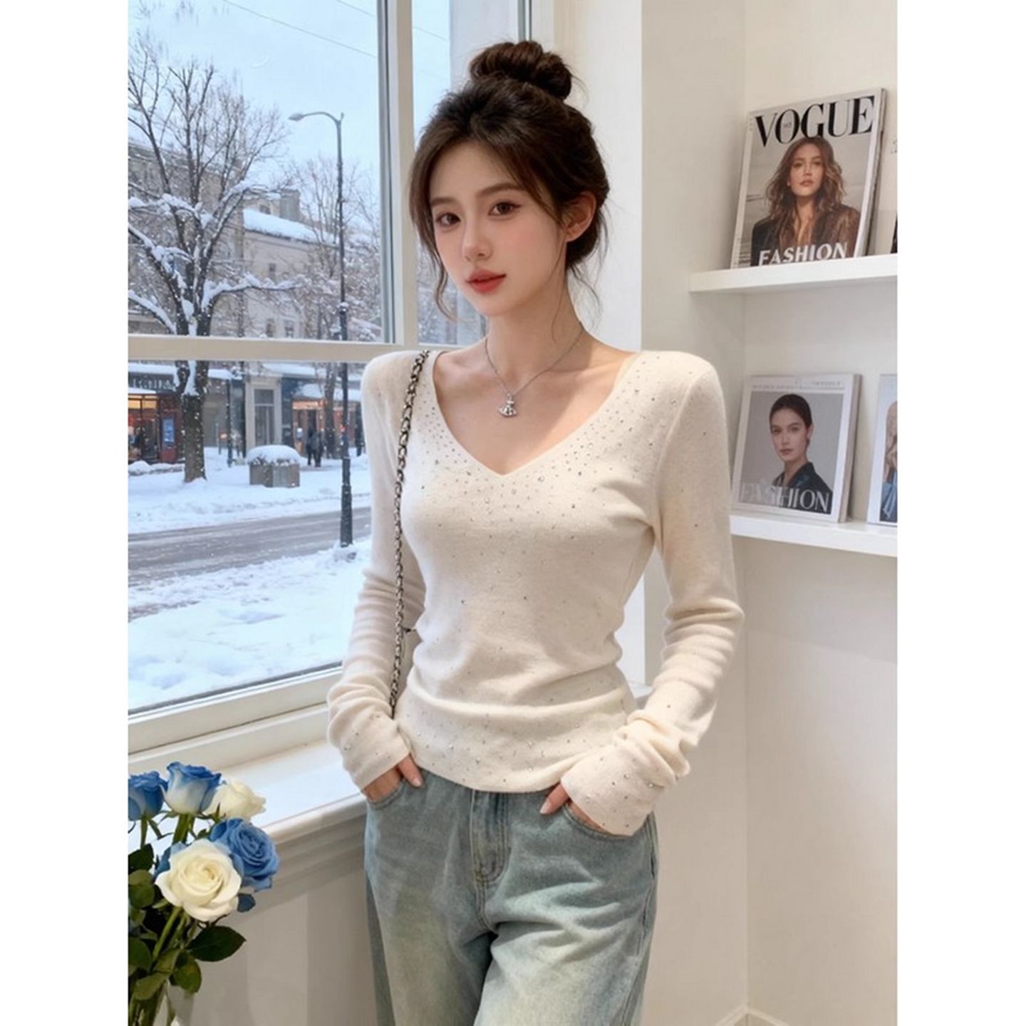 MY16666# 安迪绒 高级感烫钻v领针织衫毛衣女女裝貨源服裝批發