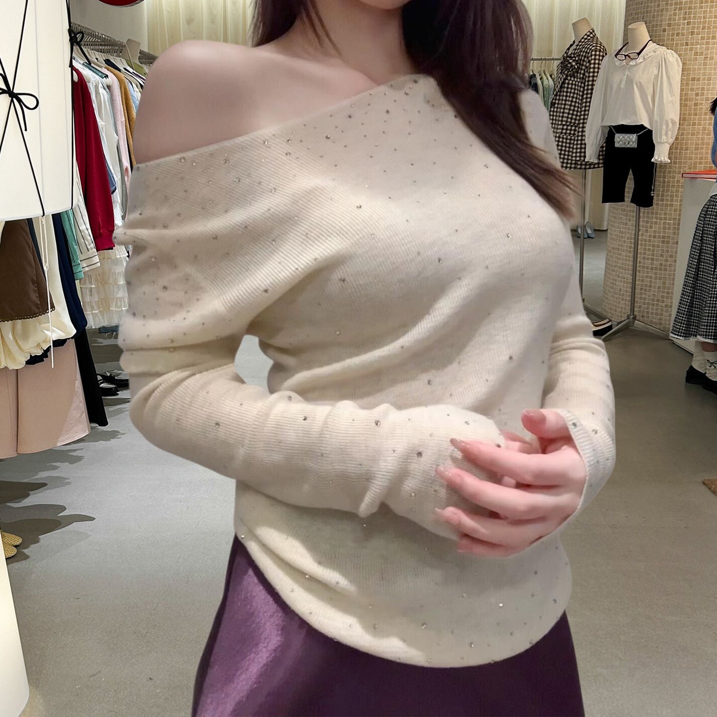 MY16665# 安迪绒  高级感烫钻辣妹针织毛衣女女裝貨源服裝批發