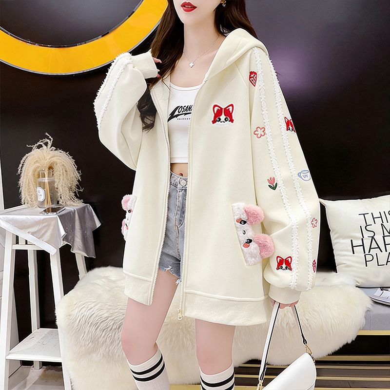 MY16661# 纯棉华棉薄款复牛奶丝秋冬宽松刺绣连帽卫衣外套女裝貨源服裝...