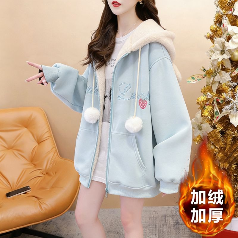 MY16660# 65鱼粼复合米粒绒秋冬加绒加厚宽松毛绒连帽卫衣外套女裝貨...