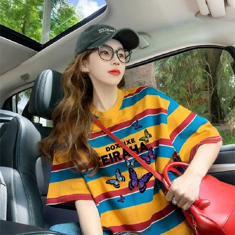 RY3230# 纯棉/后包领撞色条纹宽松T恤女设计感印花显瘦上衣潮