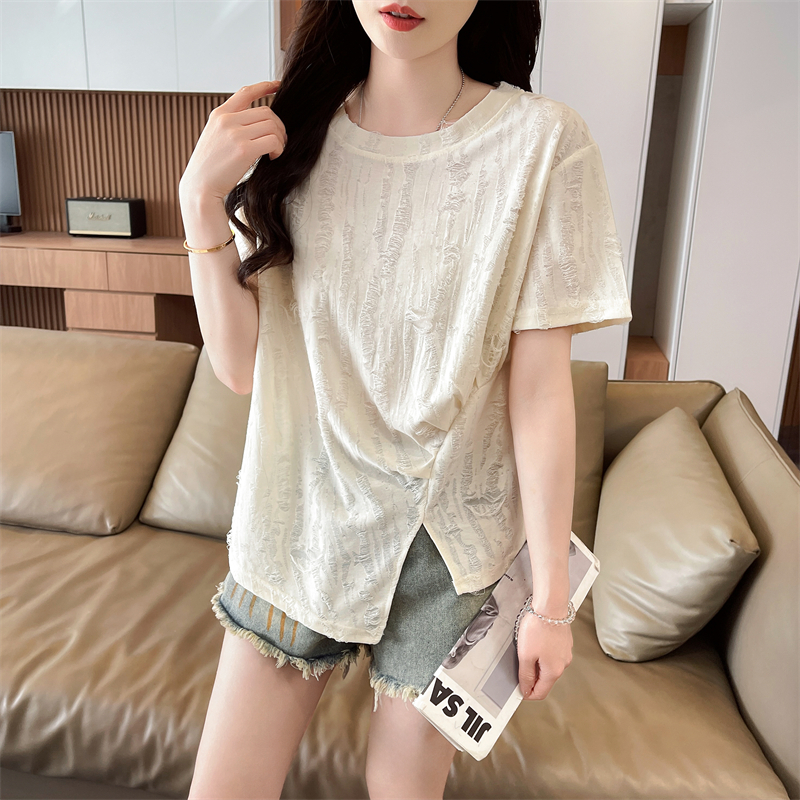 實拍短袖T恤女夏季新款韓版開叉時尚休閑洋氣顯瘦百搭上衣服