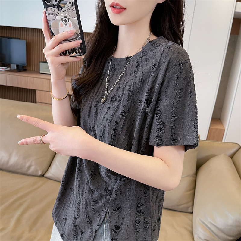 實拍短袖T恤女夏季新款韓版開叉時尚休閑洋氣顯瘦百搭上衣服