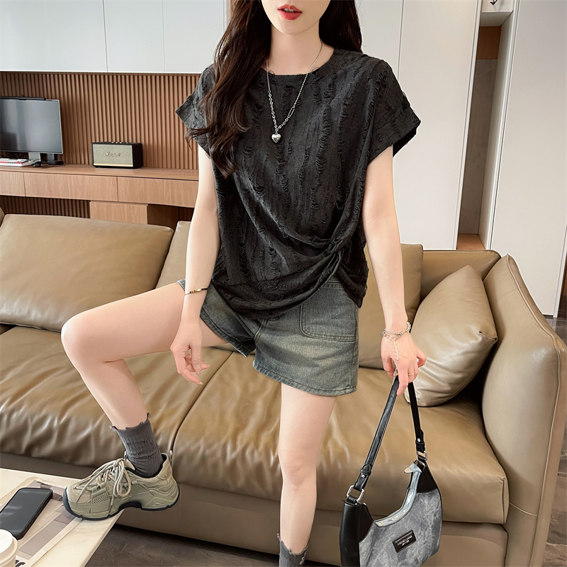 實拍短袖T恤女夏季新款韓版開叉時尚休閑洋氣顯瘦百搭上衣ins