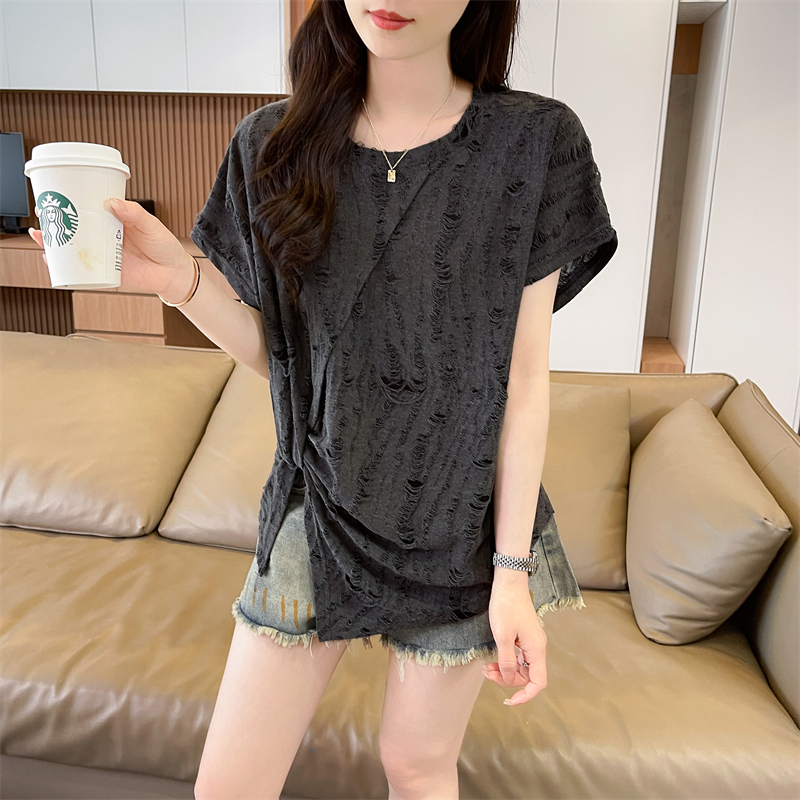 實拍短袖T恤女夏季新款韓版開叉時尚休閑洋氣顯瘦百搭上衣ins