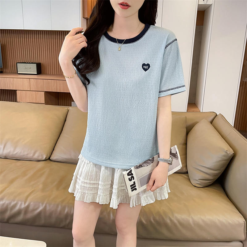 實拍短袖T恤女夏季新款韓版愛心紋理設計小個子時尚顯瘦上衣