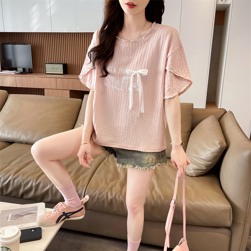 實拍短袖T恤女夏季新款韓版甜美字母設計小清新木耳邊上衣女
