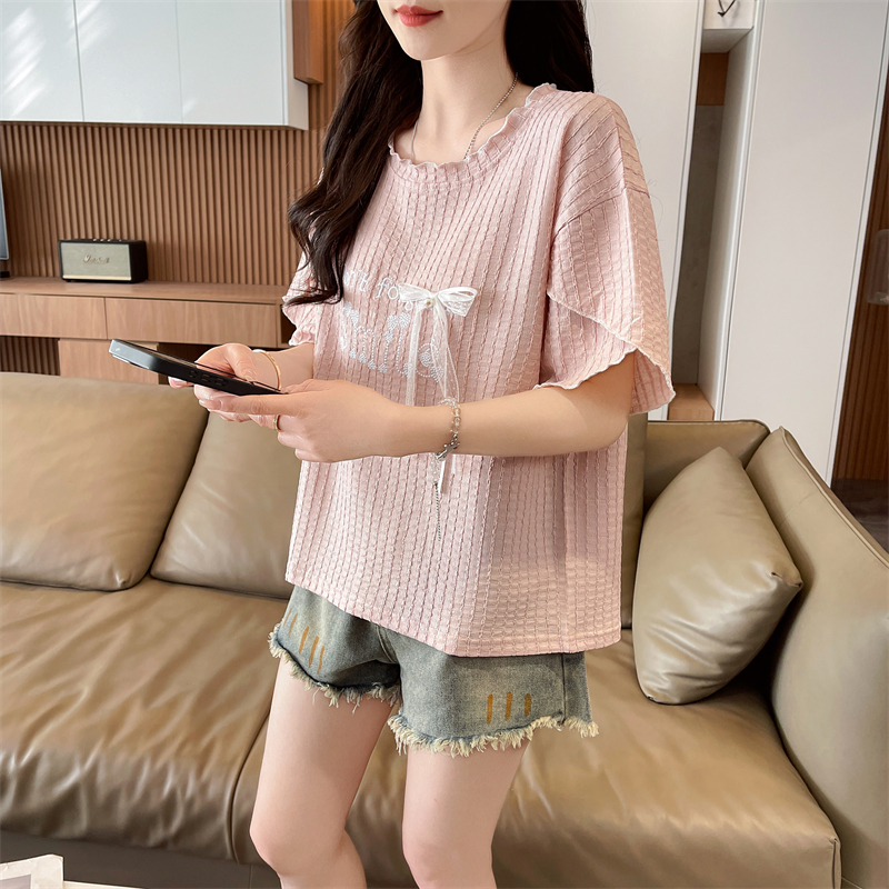 實拍短袖T恤女夏季新款韓版甜美字母設計小清新木耳邊上衣女