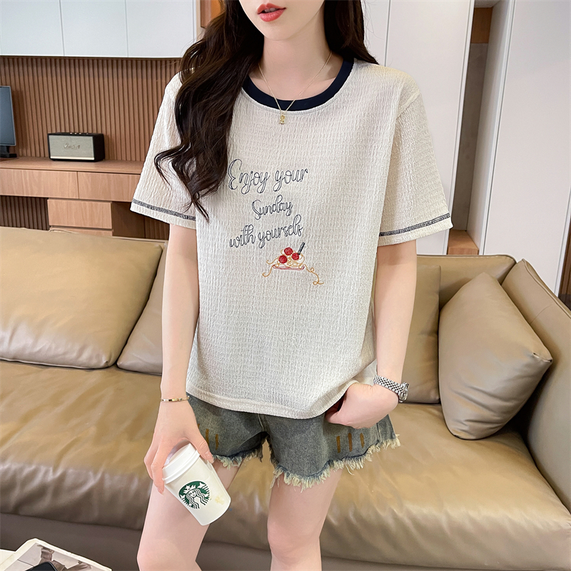 實拍短袖T恤女夏季新款韓版字母拼接紋理洋氣百搭設計感上衣