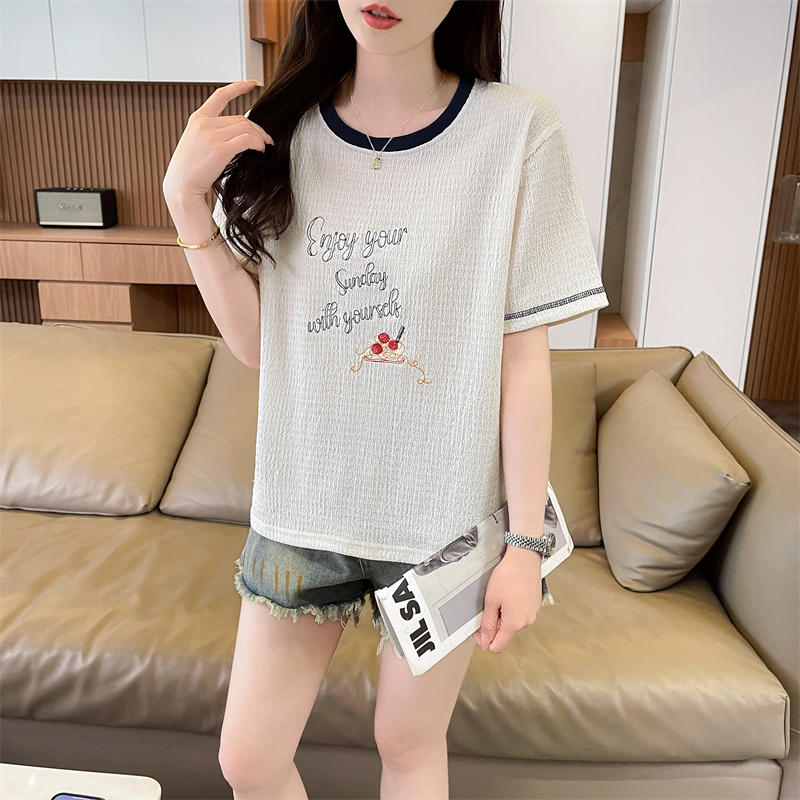 實拍短袖T恤女夏季新款韓版字母拼接紋理洋氣百搭設計感上衣