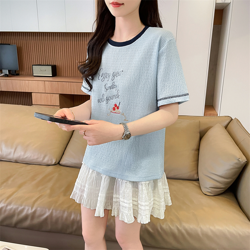 實拍短袖T恤女夏季新款韓版字母拼接紋理洋氣百搭設計感上衣