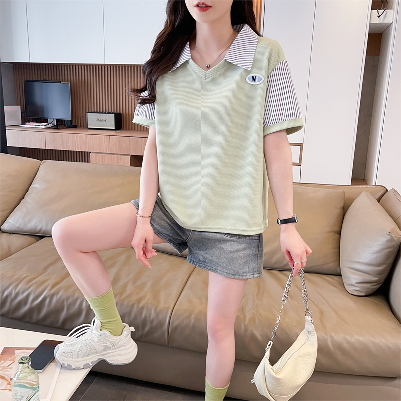 實拍短袖T恤女夏季新款韓版OP領拼接紋理洋氣百搭設計感上衣